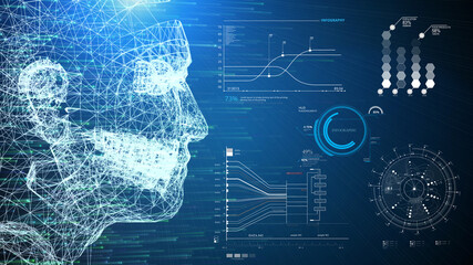 3D illustration wireframe human AI system and infographic information scanner HUD interface on blue background. Business VR technology and medical. Digital transformation disruption database network