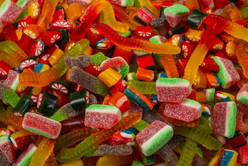 Assorted gummy candies. Top view. Jelly  sweets background.