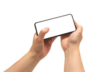 Smart phone in man hand isolated on white background.  White screen.