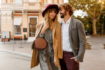 Close up portrait of amazing stylish couple in love  spending  romantic holidays in European city....
