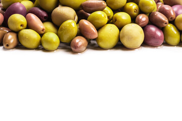 Tasty mix olives background.