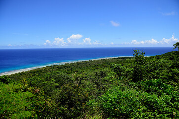 Fototapeta na wymiar Lush green tropical vegetation and deep blue seas, high angle view above Ritidian Point, Guam, Micronesia