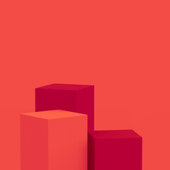 Abstract 3d red cubes square podium minimal studio background.