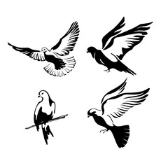 A set of doves flies with spread wings in the sky or sits. Logo template or icon isolated symbol of peace freedom or postal delivery and tattoo