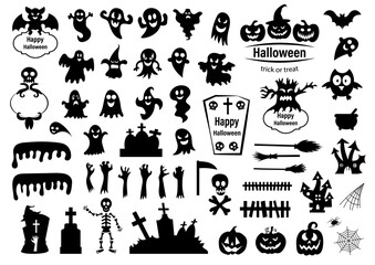 Fototapeta premium Set of silhouettes of Halloween on a white background. Vector illustration..