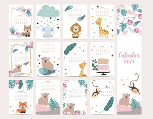 Cute woodland calendar 2021 with bear,giraffe,fox,leaves for children, kid, baby