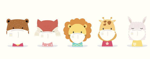 Cute animal object collection with lion,fox,llama,bear,giraffe wear mask.Vector illustration for prevention the spread of bacteria,coronviruses
