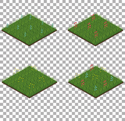 Set of isometric grass tiles with flowers