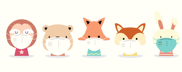 Cute animal object collection with  sloth,rabbit,fox,squirrel,bear wear mask.Vector illustration for prevention the spread of bacteria,coronviruses