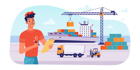 Delivery logistics by ship, parcels shipping loading or unloading in port, vector flat design. Maritime delivery shipment transport, cargo freight logistics, crane loading parcel boxes and containers