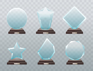 Glass trophy. Collection of isolated vector illustration of modern glass trophies, prizes