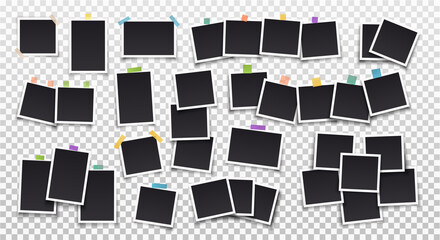 Photo frames. Big set of photo frames on sticky tape. Vertical and horizontal template photo. Vector Isolated on transparent background