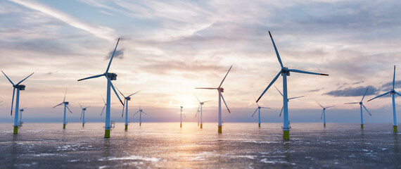 Offshore wind power and energy farm with many wind turbines on the ocean