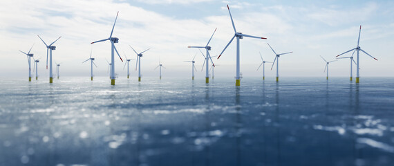 Offshore wind power and energy farm with many wind turbines on the ocean - obrazy, fototapety, plakaty