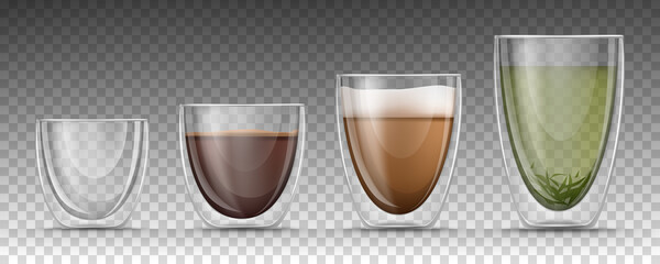 Empty, full glasses with double walls of different sizes on transparent background. 3d realistic glass cups set with hot drinks - isolated black espresso, cappuccino or latte with foam and green tea. © redgreystock