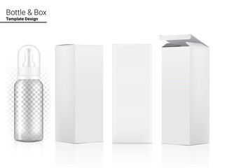 3D Transparent Baby Bottle Mock up Realistic for Milk Drink and Box for Product on White Background Illustration. Health Care and Beverage Concept Design.