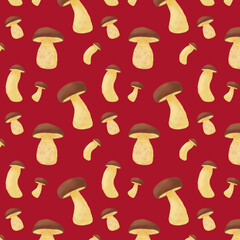 seamless pattern with porcini mushrooms on a red background
