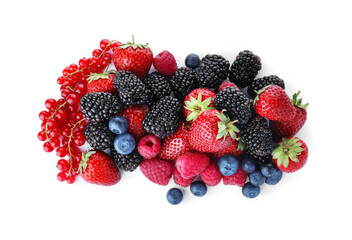 Mix of different fresh berries isolated on white, top view