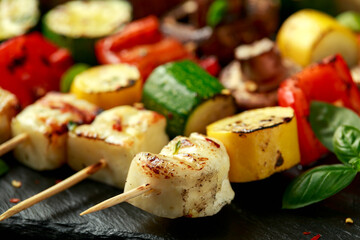 Grilled Halloumi cheese skewers with vegetables on rustic stone board