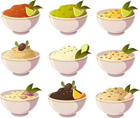 Vector illustration of various dips, guacamole, salsa, hummus isolated on white background