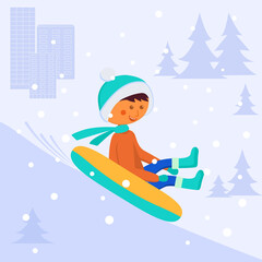 A boy rides a tube down a hill. Winter entertainment. Vector image on the background of the city, snow and fir trees