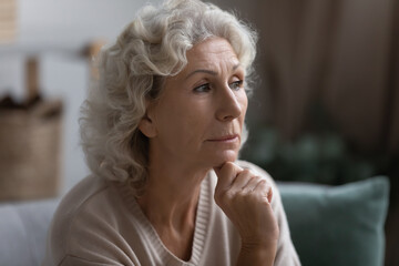 Fototapeta na wymiar Close up thoughtful middle aged woman touching chin, looking to aside, sitting on couch at home alone, pensive mature senior female lost in thoughts, thinking about past, feeling lonely