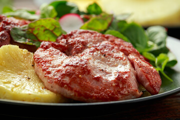 Fried Gammon steak with pineapple, french fries and vegetables