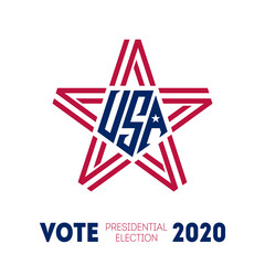 Presidential election 2020 in USA. Poster for Election day. Print of t-shirt for  Political election campaign. Stylized star with american flag colors and symbols.
