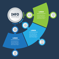 Infographic of technology or education process with 3 options. Concept of Business presentation with three steps. Template of a sales pipeline or diagram. Annual report. Vector.
