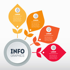 Business presentation concept with 4 parts and icons. Infographics. Template of diagram with leaves. Info graphic of technology or education process with four steps.