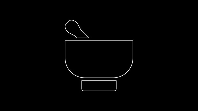 White line Magic mortar and pestle icon isolated on black background. 4K Video motion graphic animation.
