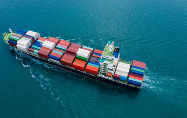 Aerial view of a business container cargo ship in import export business commercial trade logistic...