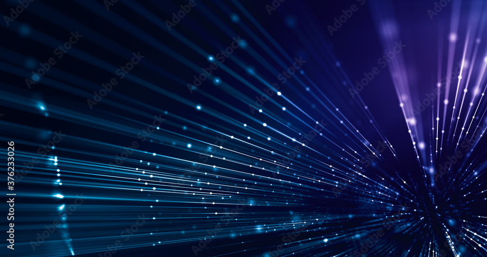 Poster connected dots and line, led fiber rays, tech background, fast communication concept. 3d rendering