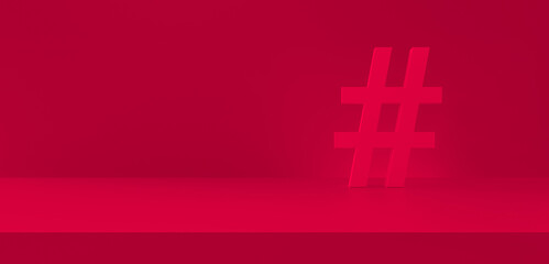 Obraz premium Hashtag symbol red in photography studio background. Trending topics, trends. 3d rendering.