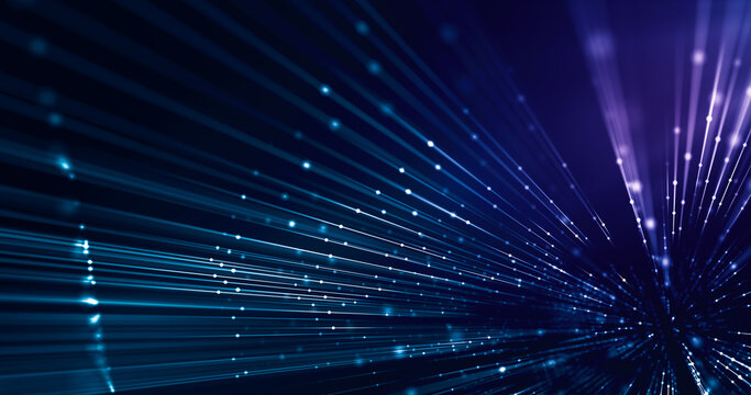 Connected Dots And Line, Led Fiber Rays, Tech Background, Fast Communication Concept. 3d Rendering