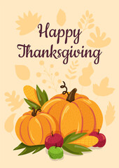 Happy Thanksgiving flat illustration with calligraphic inscription