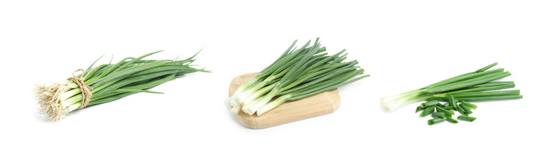 Collage with green spring onions on white background. Banner design