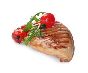 Tasty grilled chicken fillet with tomatoes and arugula isolated on white
