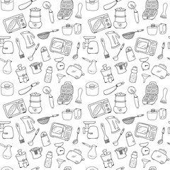 Seamless pattern with elements of kitchen utensils, utensils and appliances. Black-white background for menu design,brochures, web pages.Doodle illustration is hand drawn and isolated on white. Vector