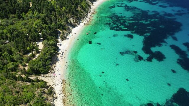 Aerial drone video of beautiful paradise bay of Afales and white beach in beautiful Ionian island of Ithaki or Ithaca, Greece