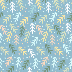 Vector seamless pattern colorful design of winter branch doodles in cold pastel