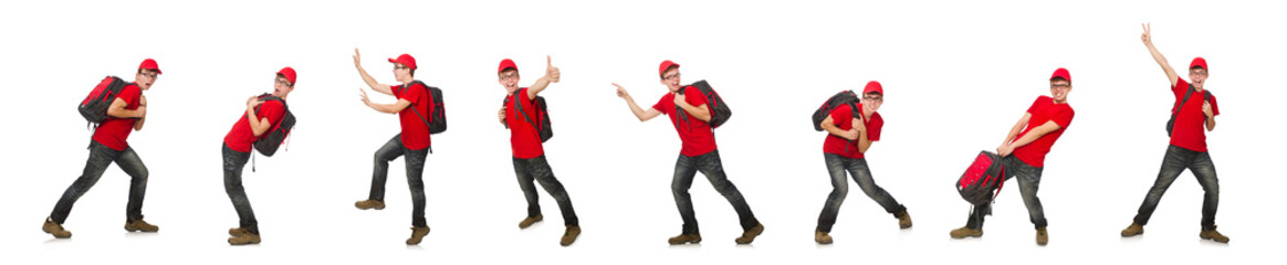 Young traveller with backpack isolated on white