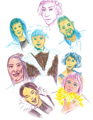 portrait of different people on one sheet, hand drawn illustration