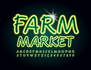 Vector eco sign Farm Market. Neon Yellow and Green Font. Electric Alphabet Letters and Numbers