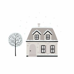 Cartoon Winter house. Vector image of a Christmas house and tree covered with snow.