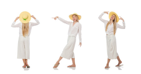 Blond hair model in elegant flared pants isolated on white