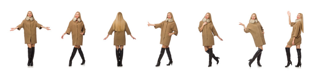 Blond hair girl in coat isolated on white