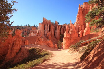 Close up view of Bryce Canyon rock hoodoos with hiking trail at Bryce Canyon National Park in Utah, USA