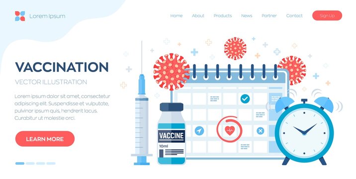 Time to vaccinate concept. Immunization campaign. Vaccine shot. Syringe with a vaccine bottle calendar and virus. Health care and protection. Medical treatment. Flat vector illustration.