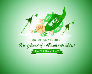 Vector illustration of Saudi Arabia national day, 23rd september, saudi arabia flag, freedom hand, soldier with rifle and helmet and airforce craft.